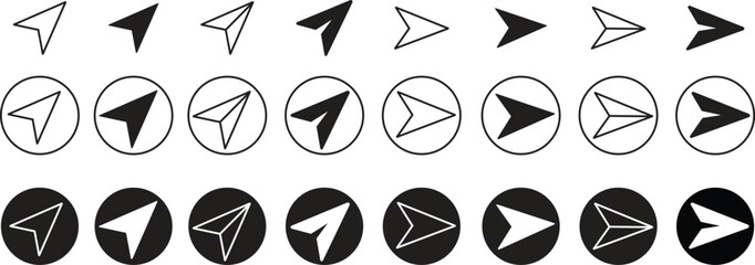 Black Flat Message send icons Set. Direct messages or DM symbols editable stock. Send post or mail or email arrows icons. Plane origami send icons for web designs isolated on transparent background. - obrazy, fototapety, plakaty