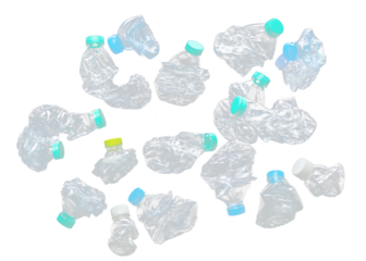 Plastic Bottle fall fly in mid air, pet plastic bottle floating explosion with green lid. Used twist water plastic bottles throw in air. Black background isolated freeze motion high speed shutter