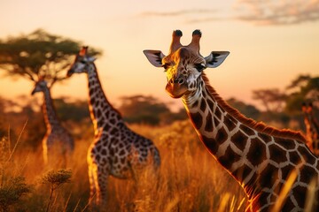 Giraffes grazing on the African savannah at sunset