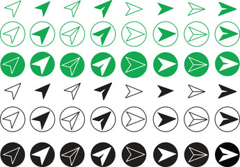 Flat Messages send icons Set. Direct message or DM symbols editable stock. Send post or mail or email arrows icons. Plane origami send icons for web designs collection isolated transparent background.