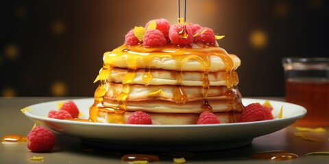 pancakes with maple syrup and raspberries, generative AI