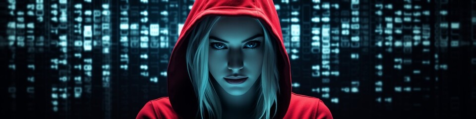 Malicious female hacker surrounded by futuristic code, cyberpunk ascetic  - obrazy, fototapety, plakaty