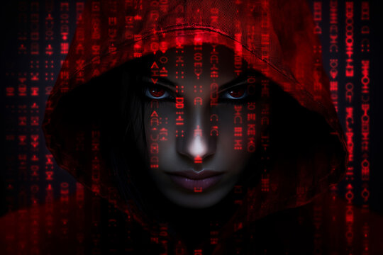 Malicious female hacker surrounded by futuristic code, cyberpunk ascetic 