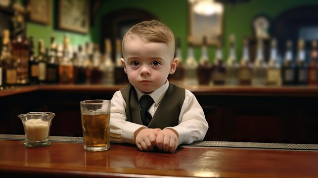 a toddler dressed as a well-groomed and smiling waiter in a European bar. The charming young server adds a unique and adorable touch to the hospitality scene. Generative AI.