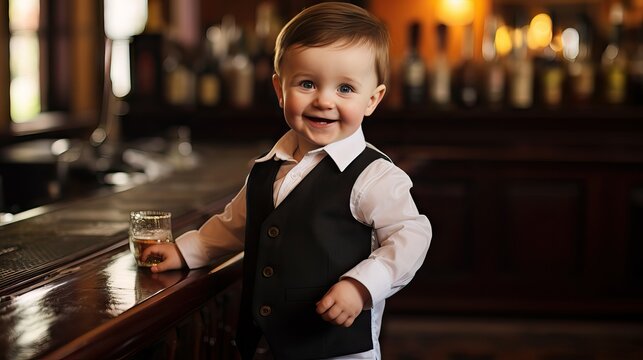 a toddler dressed as a well-groomed and smiling waiter in a European bar. The charming young server adds a unique and adorable touch to the hospitality scene. Generative AI.