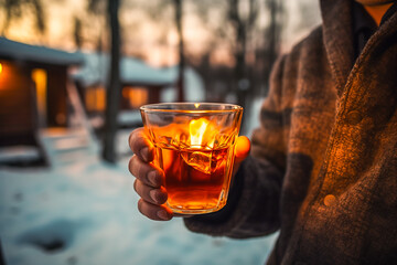 Man outside house or cottage with hot wine or whiskey. Winter evenings, Scandinavia, cold winter fun, living in an elegant villa, lifestyle concept. - obrazy, fototapety, plakaty