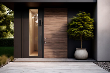 Main entrance door of a villa with Japanese minimalist style. Black panel walls and timber wood...