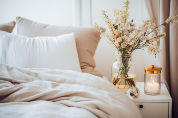 In a modern bedroom with Scandinavian interior design, a glass vase with a flower bouquet sits near a bed adorned with white and beige bedding.

