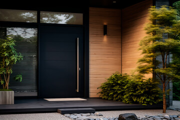 Main entrance door of a villa with Japanese minimalist style. Black panel walls and timber wood lining adorn the front door. The backyard features a beautiful landscape design.
