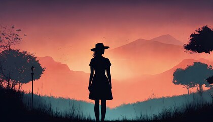 女性の横顔シルエット。夕焼けの背景｜Woman profile silhouette. Sunset background. Generative AI - obrazy, fototapety, plakaty
