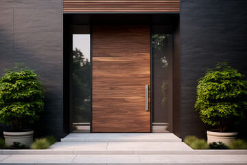 Main entrance door of a villa with Japanese minimalist style. Black panel walls and timber wood lining adorn the front door. The backyard features a beautiful landscape design.
