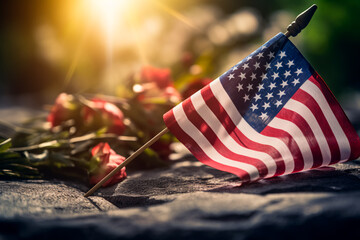 The American flag placed on the grave of a fallen soldier, a poignant tribute to their sacrifice. Memorial Day, remembering the fallen soldiers around the world.

 - obrazy, fototapety, plakaty