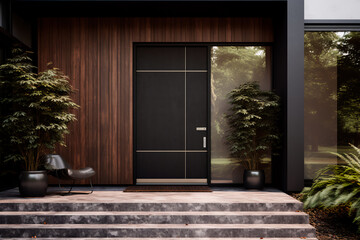 Main entrance door of a villa with Japanese minimalist style. Black panel walls and timber wood lining adorn the front door. The backyard features a beautiful landscape design.
