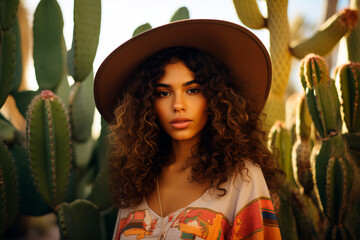 A portrait of a beautiful Mexican woman with curly hair, wearing a traditional hat, set against a backdrop of cacti and the desert in Mexico. Cinco de Mayo, Mexico’s defining moment

