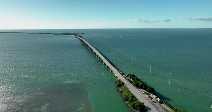 Aerial view of one of the bridges connected Florida Keys, Overseas Highway leading to Key West, late afternoon light