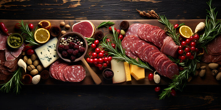 meat with spices, A Savoury Charcuterie Board Covered in Meats Olives, Professional 8k picture of salizon with chinese fill with food,  featuring an assortment of cured meats, Generative AI, 