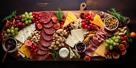 A platter of food including fruit cheese and fruit, A rustic buffet with an abundance of gourmet meat variation, A Savoury Charcuterie Board Covered in Meats Olives, food, fruit, cheese, Generative Ai - obrazy, fototapety, plakaty