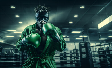 Fototapeta na wymiar An athlete dons determined expression and green boxing glove, with dynamic lighting effect in background. This powerful image captures intensity and focus of boxer Generative AI.
