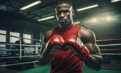 Fototapeta na wymiar An athlete dons determined expression and green boxing glove, with dynamic lighting effect in background. This powerful image captures intensity and focus of boxer Generative AI.