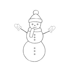 Cheerful snowman in a Christmas hat and scarf. Outline drawing. Hand drawn vector illustration. Design element. For coloring, cards, printing, packaging, invitations, business cards, advertising
