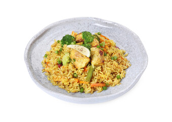 Tasty rice with meat and vegetables in plate isolated on white