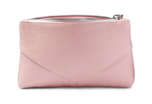 Stylish pink cosmetic bag isolated on white