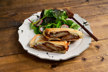 フライドチキンホットサンドとサラダ