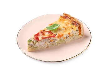 Tasty quiche with chicken, cheese, basil and vegetables isolated on white
