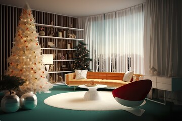 white Christmas tree retro very luxurious mid-century modern 70’s realistic nostalgic interior design