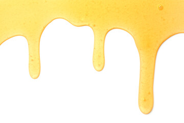 Tasty natural honey drips isolated on white, top view