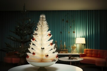 white Christmas tree retro very luxurious mid-century modern 70’s realistic nostalgic interior design