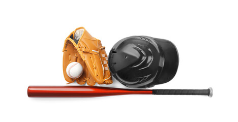 Baseball glove, bat, ball and batting helmet isolated on white, top view