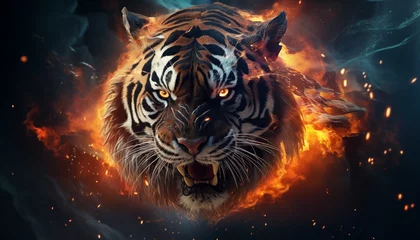 Rolgordijnen Image of an angry demon tiger terrifying with flames and smoke on dark background. Wildlife Animals. Illustration, © Elzerl
