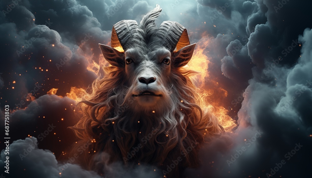 Wall mural a galaxies goat standing on top of a fire. generative ai image.