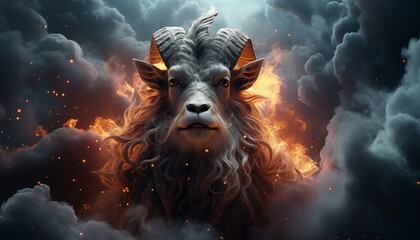 A galaxies goat standing on top of a fire. Generative AI image.