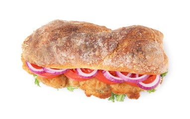 Delicious sandwich with schnitzel isolated on white, top view