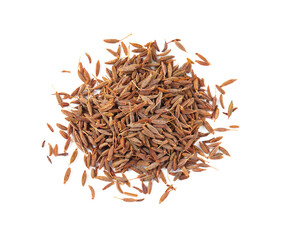 Heap of aromatic caraway (Persian cumin) seeds isolated on white, top view