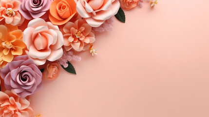 A pink and orange background empty mock up with roses and leaves