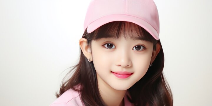 a smiling girl wearing a pink baseball cap in front of a white wall, generative AI