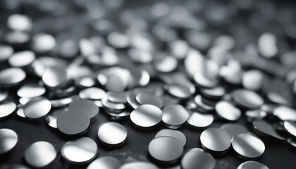 Silver confetti on a black background. Shallow depth of field.