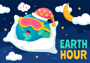 Happy Earth Hour Day Vector Illustration with Cloud, Light bulb, World Map and Time to Turn Off in Flat Cartoon Background Design