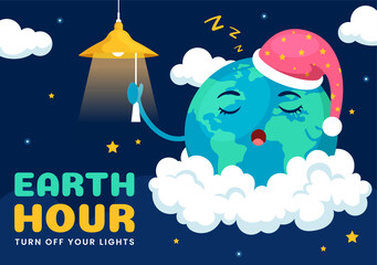 Fototapeta na wymiar Happy Earth Hour Day Vector Illustration with Cloud, Light bulb, World Map and Time to Turn Off in Flat Cartoon Background Design