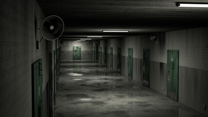 Top view of empty prison corridor with lights turning on. Wet floor, locked doors, brick walls and megaphones hanging on the walls. 3d render.
