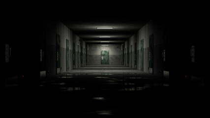 Empty prison corridor with lights turning on. Wet floor, locked doors, brick walls and megaphones hanging on the walls. 3d render. - obrazy, fototapety, plakaty