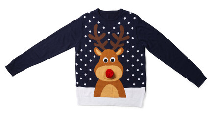 Dark blue Christmas sweater with reindeer isolated on white, top view