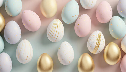 Pastel colored easter eggs speckled and painted with gold, top down view flatlay background