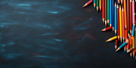 background with lines, Kids Chalk Images, School background. colour pencils on black background. top view, layout, Coloured pencils on white chalk board with copy space, Art colour pencils on board,  - obrazy, fototapety, plakaty