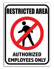 Sign with text Restricted Area Authorized Employees Only on white background