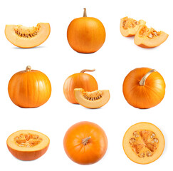 Whole and cut fresh ripe pumpkins isolated on white, set