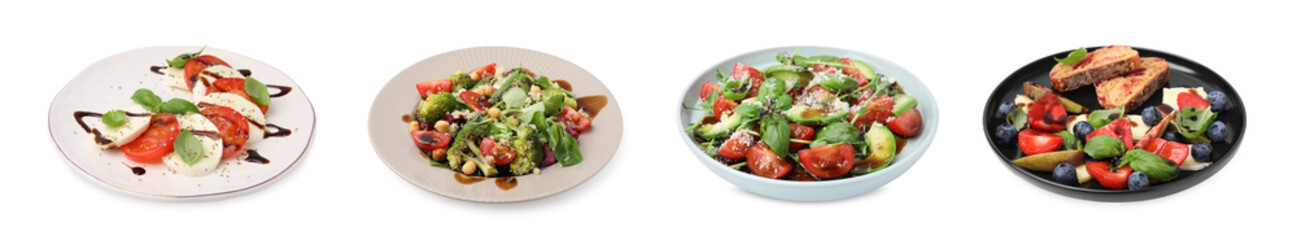 Delicious salads with balsamic vinegar isolated on white, set